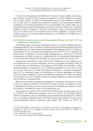 Ôï óýíïëï ôùí ðëçñïöïñéþí åßíáé äéáèÝóéìï óå 9 ãëþóóåò: ÁããëéêÜ, ÃáëëéêÜ, ÉôáëéêÜ, Ðïëù-
íéêÜ, ÑïõìáíéêÜ, ÉóðáíéêÜ, ÔóÝ÷éêá, ÏõããñéêÜ êáé ÃåñìáíéêÜ. Óôï ìÝëëïí ðñïâëÝðåôáé íá ðñïóôå-
èïýí êáé Üëëåò ãëþóóåò. Ïé ÷ñÞóôåò ôïõ äéáäéêôõáêïý åñãáëåßïõ Ý÷ïõí ðñüóâáóç óå ðëçñïöï-
ñßåò ãéá êÜèå ÷þñá ðïõ áöïñïýí óôá ÅêðáéäåõôéêÜ ÓõóôÞìáôá, óôçí ÅðáããåëìáôéêÞ Åêðáßäåõóç
êáé ÊáôÜñôéóç, óôçí Áíáãíþñéóç Ðñïóüíôùí êáé óôçí Áðáó÷üëçóç óôçí Åõñþðç, êáèþò êáé ãéá
ÅêðáéäåõôéêÜ êáé ÅðáããåëìáôéêÜ ÐñïãñÜììáôá ôçò Åõñþðçò. ÃëùóóéêÝò áóêÞóåéò (óå 15 ãëþóóåò)
âïçèïýí ôï ÷ñÞóôç íá áíáðôýîåé ôéò ãëùóóéêÝò ôïõ äåîéüôçôåò, êáèþò åßíáé âáóéêü ðñïáðáéôïý-
ìåíï ãéá ôçí åðéôõ÷Þ ðïñåßá óôçí ÅõñùðáúêÞ áãïñÜ åñãáóßáò. ÐáñÜëëçëá, ôï åñãáëåßï ðáñÝ÷åé
óýíäåóç ìå åèíéêÝò êáé åõñùðáúêÝò âÜóåéò äåäïìÝíùí, ìå ôï PLOTEUS êáé ôï EURES êáé ìå ôï
Äßêôõï Euroguidance.
6.1.5 ÐáíåëëÞíéï Äßêôõï åðéêïéíùíßáò-ðëçñïöüñçóçò ÍÝóôùñ ôïõ ÔïìÝá Ó.Å.Ð. ôïõ
Ðáéäáãùãéêïý Éíóôéôïýôïõ 24
Ôï ÐáíåëëÞíéï Äßêôõï åðéêïéíùíßáò-ðëçñïöüñçóçò ÍÝóôùñ ôùí ÊÝíôñùí ÓõìâïõëåõôéêÞò Ðñï-
óáíáôïëéóìïý (ÊÅ.ÓÕ.Ð.) êáé ôùí Ãñáöåßùí Ó÷ïëéêïý Åðáããåëìáôéêïý Ðñïóáíáôïëéóìïý (ÃÑÁ.Ó.Å.Ð.)
äçìéïõñãÞèçêå áðü ôïí ÔïìÝá Ó÷ïëéêïý Åðáããåëìáôéêïý Ðñïóáíáôïëéóìïý (Ó.Å.Ð.) ôïõ Ðáéäáãùãé-
êïý Éíóôéôïýôïõ (Ð.É.) êáé ç ëåéôïõñãßá ôïõ õðïóôçñßæåôáé áðü ôï ÊÅ.ÓÕ.Ð. ôïõ Ð.É. Ï éóôï÷þñïò ôïõ
äéêôýïõ ÍÝóôùñ ðåñéëáìâÜíåé ôïí áíïé÷ôü êüìâï ðëçñïöüñçóçò ôùí óôåëå÷þí Ó.Å.Ð. êáé êÜèå
åíäéáöåñüìåíïõ ãéá èÝìáôá ó÷åôéêÜ ìå ôç ÓõìâïõëåõôéêÞ êáé ôïí Åðáããåëìáôéêü Ðñïóáíáôïëéóìü
êáé Ýíá êëåéóôü äßêôõï (intranet) ðïõ äéåõêïëýíåé ôçí åðéêïéíùíßá ìåôáîý ôùí óôåëå÷þí Ó.Å.Ð.
ÓõãêåêñéìÝíá, ç éóôïóåëßäá ôïõ ÔïìÝá Ó.Å.Ð. ôïõ Ð.É.25 áðåõèýíåôáé óå íÝïõò, ìáèçôÝò, ãïíåßò
êáé åêðáéäåõôéêïýò ðïõ áíáæçôïýí ðëçñïöïñßåò ó÷åôéêÜ ìå åðáããÝëìáôá êáé óðïõäÝò, êáèþò êáé
óå åêðáéäåõôéêïýò ðïõ áó÷ïëïýíôáé ìå ôçí åöáñìïãÞ ôïõ Ó.Å.Ð. ÌÝóù ôçò éóôïóåëßäáò, ïé åíäéá-
öåñüìåíïé ìðïñïýí íá åíçìåñþíïíôáé ãéá ôéò åêðáéäåõôéêÝò äéåîüäïõò ôùí íÝùí ìåôÜ ôï ÃõìíÜ-
óéï, ôï Åíéáßï Ëýêåéï êáé ôçí Ôå÷íéêÞ ÅðáããåëìáôéêÞ Åêðáßäåõóç, íá áíáæçôïýí ðëçñïöïñéáêü
õëéêü Ó.Å.Ð. óå çëåêôñïíéêÞ ìïñöÞ, íá åíçìåñþíïíôáé ãéá ôñÝ÷ïíôá ðñïãñÜììáôá êáé äñÜóåéò
Ó.Å.Ð. êáé íá Ý÷ïõí ðñüóâáóç óå óôïé÷åßá ôùí äéáèÝóéìùí õðçñåóéþí Ó.Å.Ð. êáèþò êáé õðïóôçñé-
êôéêþí õðçñåóéþí óå üëç ôçí ÅëëÜäá ãéá Üôïìá ìå áíáðçñßåò (Á.Ì.Å.Á.) êáé Üôïìá ðïõ êéíäõíåý-
ïõí áðü êïéíùíéêü áðïêëåéóìü (ÊÁðÁ).
ÌÝóù ôïõ äéêôýïõ ÍÝóôùñ ðñïóöÝñåôáé Ðñüãñáììá åî áðïóôÜóåùò åðéìüñöùóçò ãéá óôåëÝ-
÷ç Ó.Å.Ð. ðïõ õðçñåôïýí óôá ÊÅ.ÓÕ.Ð. êáé ÃÑÁ.Ó.Å.Ð., ìå óôü÷ï ôç âáóéêÞ ôïõò êáôÜñôéóç óå èÝìá-
ôá ðëçñïöïñéêÞò êáé ÷ñÞóçò ôùí íÝùí ôå÷íïëïãéþí, þóôå íá áíôáðïêñßíïíôáé åðáñêþò óå ó÷åôé-
êÝò áðáéôÞóåéò, óôï ðëáßóéï ôïõ Ýñãïõ êáé ôùí áñìïäéïôÞôùí ôïõò.
Ç åðéêïéíùíßá ôùí óôåëå÷þí Ó.Å.Ð. ôùí ÊÅ.ÓÕ.Ð. êáé ÃÑÁ.Ó.Å.Ð. üëçò ôçò ÷þñáò ìåôáîý ôïõò êáé
ìå ôï ÊÅ.ÓÕ.Ð. ôïõ Ðáéäáãùãéêïý Éíóôéôïýôïõ (Ð.É.) êáé ôo ÊÅ.ÓÕ.Ð. ôïõ Õðïõñãåßïõ Ðáéäåßáò
(ÕÐ.Å.Ð.È.) åðéôõã÷Üíåôáé ìÝóù ôïõ ðáíåëëÞíéïõ êëåéóôïý äéêôýïõ (intranet) ÍÝóôùñ26. Ç óýíäåóÞ
ôïõò ìå ôï äéáäßêôõï õðïóôçñßæåôáé áðü ôï ÐáíåëëÞíéï Ó÷ïëéêü Äßêôõï EDUnet. Óôï äßêôõï åðéêïé-
íùíßáò-ðëçñïöüñçóçò ÍÝóôùñ óõììåôÝ÷ïõí ìÝ÷ñé óÞìåñá 1050 óôåëÝ÷ç ôùí ÊÅ.ÓÕ.Ð. êáé
ÊåöÜëáéï É: Ïé Ôå÷íïëïãßåò ôçò Ðëçñïöïñßáò êáé ôçò Åðéêïéíùíßáò óôç ÓõìâïõëåõôéêÞ
êáé ôïí Åðáããåëìáôéêü Ðñïóáíáôïëéóìü óôï ðëáßóéï ôçò Åêðáßäåõóçò
ÏÄÇÃÏÓ ÓÕÌÂÏÕËÅÕÔÉÊÇÓ ÊÁÉ ÅÐÁÃÃÅËÌÁÔÉÊÏÕ
ÐÑÏÓÁÍÁÔÏËÉÓÌÏÕ ÓÔÇÍ ÅÊÐÁÉÄÅÕÓÇ-Â´ ÌÅÑÏÓ
185
24 Ôï äßêôõï äçìéïõñãÞèçêå ìå ÷ñçìáôïäüôçóç áðü ôï Å.Ð.Å.Á.Å.Ê. É ôïõ Â´ Ê.Ð.Ó. Ç ÷ñçìáôïäüôçóÞ ôïõ óõíå÷ßóôçêå ìå ôï
Å.Ð.Å.Á.Å.Ê. ÉÉ ôïõ Ã´ Ê.Ð.Ó. ìå ôï Ýñãï: «ÁíáâÜèìéóç ôùí ÊÅ.ÓÕ.Ð. - ÃÑÁ.Ó.Å.Ð. êáé ßäñõóç íÝùí» (ÌÅÔÑÏ 2.4. - ÅÍÅÑÃÅÉÁ 2.4.1.
- ÊÁÔÇÃÏÑÉÁ ÐÑÁÎÅÙÍ 2.4.1.á).
25 http://195.251.20.34 Þ http://sep.pi-schools.gr/
26 http://195.251.20.36/exchange Þ http://195.251.20.36/exchange
 