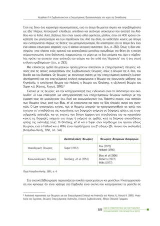 ¸ôóé ôçò äßíåé Ýíá ÷áñáêôÞñá ðáãêïóìéüôçôáò, åíþ ôï Üôïìï èåùñåßôáé Üêñéôá êáé áðñïâëçìÜôéóôá
ùò Þäç ‘ðëÞñùò ëåéôïõñãéêü’ åëåýèåñï, õðåýèõíï êáé áõôüíïìï õðïêåßìåíï ðïõ áíáæçôÜ ôçí ÁëÞ-
èåéá êáé ôï Êáëü. Áõôü, âåâáßùò äåí åßíáé ôõ÷áßï áëëÜ ïöåßëåôáé, ìÜëëïí, óôçí åðß 400 ÷ñüíéá åðé-
êñÜôçóç ôïõ ìïíôåñíéóìïý êáé ôùí ðáñáäï÷þí ôïõ. Áðü ôçí Üëëç, áí õéïèåôÞóåé êáíåßò ìéá Üðïøç
ðïõ åíóôåñíßæåôáé ðëÞñùò ôéò èÝóåéò ôïõ ìåôáìïíôåñíéóìïý, èá õðïóôçñßæåé üôé ôï Üôïìï äåí Ý÷åé
Ýíá êÜðïéï åóùôåñéêü áóöáëÝò åãþ Þ êÜðïéá êåíôñéêÞ ôáõôüôçôá» (ü.ð., ó. 282). ¼ðùò ç ßäéá õðï-
óôçñßæåé «óôï ðëáßóéï åíüò êñéôéêïý êáé áíáðôõîéáêïý ìïíôÝëïõ ðñïùèïýìå ôçí èÝóç üôé ç ó÷Ýóç
áôüìïõ-êïéíùíßáò åßíáé äéáëåêôéêÞ, óõìöùíþíôáò åí ìÝñåé ìå ôá äõï ñåýìáôá êáé, Üñá ï óýìâïõ-
ëïò ðñÝðåé íá óôï÷åýåé óôçí áíÜðôõîç ôïõ áôüìïõ êáé ü÷é áðëÜ óôç ‘èåñáðåßá’ ôïõ Þ óôç óôåíÞ
åðßëõóç ðñïâëçìÜôùí» (ü.ð., ó. 283).
Ìéá åéäéêüôåñç ïìÜäá èåùñçôéêþí ðñïóåããßóåùí áðïôåëïýí ïé ÅðáããåëìáôéêÝò Èåùñßåò, êÜ-
ðïéåò áðü ôéò ïðïßåò áíáöÝñèçêáí óôéò ÓõìâïõëåõôéêÝò Èåùñßåò, üðùò ç èåùñßá ôçò A. Roe, ôïõ
Bordin êáé ôïõ Bandura. Ùò èåùñßåò ìå óôåíüôåñç ó÷Ýóç ìå ôçí åðáããåëìáôéêÞ áíÜðôõîç (career
development) êáé ôçí åðáããåëìáôéêÞ åðéëïãÞ áíáöÝñïíôáé ç èåùñßá ôçò êïéíùíéêÞò ìÜèçóçò ôïõ
Krumboltz, ç ôõðïëïãéêÞ èåùñßá ôïõ Holland, ç èåùñßá ôïõ Ginzberg, ç åîåëéêôéêÞ èåùñßá ôïõ
Super ê.Ü. (ÊÜíôáò, ×áíôæÞ, 1991).4
Ó÷åôéêÜ ìå ôéò èåùñßåò êáé ôçí êáôçãïñéïðïßçóÞ ôïõò åíäåéêôéêü åßíáé ôï áðüóðáóìá ðïõ áêï-
ëïõèåß: «Ï Law åðé÷åßñçóå ìéá êáôçãïñéïðïßçóç ôùí åðáããåëìáôéêþí èåùñéþí áíÜëïãá ìå ôçí
ÝìöáóÞ ôïõò óå øõ÷ïëïãéêÝò (ð.÷. Roe) êáé êïéíùíéïëïãéêÝò (ð.÷. Roberts) ðôõ÷Ýò, åíþ ðéóôåýåé
ðùò èåùñßåò üðùò áõôÞ ôùí Blau, et al. åêôåßíïíôáé êáé ðñïò ôéò äýï ðëåõñÝò áõôïý ôïõ óõíå-
÷ïýò. Ï Law õðïóôçñßæåé, åðßóçò, ðùò ïé èåùñßåò ìðïñïýí íá êáôçãïñéïðïéçèïýí óå áõôÝò ðïõ
ôïíßæïõí ôç ‘óðïõäáéüôçôá ôçò êáôáíüçóçò ôùí äéáöïñþí áíÜìåóá óå äéÜöïñåò öÜóåéò ôçò åðáã-
ãåëìáôéêÞò áíÜðôõîçò êáé óå åêåßíåò ðïõ äßíïõí Ýìöáóç óôç óðïõäáéüôçôá ôïõ íá êáôáíïÞóåé
êáíåßò ôéò äéáöïñÝò áíÜìåóá óôá Üôïìá Þ áíÜìåóá óå ïìÜäåò êáôÜ ôç äéÜñêåéá ïðïéáóäÞðïôå
öÜóçò ôçò áíÜðôõîÞò ôïõò’. Ïé Ginzberg, et al. êáé ï Super åßíáé ðáñÜäåéãìá ôïõ ðñþôïõ åßäïõò
èåùñéþí, åíþ ï Holland êáé ï Willis åßíáé ðáñáäåßãìáôá ôïõ â’ åßäïõò» (âë. ðßíáêá ðïõ áêïëïõèåß)
(Êïóìßäïõ-Hardy, 1991, óó. 3-4).
ÐçãÞ: Êïóìßäïõ-Hardy, 1991, ó. 4.
Óôç ó÷åôéêÞ âéâëéïãñáößá ðáñïõóéÜæåôáé ðïéêéëßá ðñïóåããßóåùí êáé ìïíôÝëùí. Ç êáôçãïñéïðïßç-
óç ðïõ êñßíïõìå üôé åßíáé ÷ñÞóéìç óôï Óýìâïõëï åßíáé åêåßíç ðïõ êáôçãïñéïðïéåß ôá ìïíôÝëá óå
ÏÄÇÃÏÓ ÓÕÌÂÏÕËÅÕÔÉÊÇÓ ÊÁÉ ÅÐÁÃÃÅËÌÁÔÉÊÏÕ
ÐÑÏÓÁÍÁÔÏËÉÓÌÏÕ ÓÔÇÍ ÅÊÐÁÉÄÅÕÓÇ-Á´ ÌÅÑÏÓ
59
ÊåöÜëáéï ÉÉ: Ç ÓõìâïõëåõôéêÞ êáé ï Åðáããåëìáôéêüò Ðñïóáíáôïëéóìüò óôï ÷þñï ôçò Åêðáßäåõóçò
4 ÁíáëõôéêÞ ðáñïõóßáóç ôùí Èåùñéþí ãéá ôçí ÅðáããåëìáôéêÞ ÅðéëïãÞ êáé ÁíÜðôõîç óôï ÊÜíôáò Á., ×áíôæÞ Á. (1991). Øõ÷ï-
ëïãßá ôçò Åñãáóßáò, Èåùñßåò ÅðáããåëìáôéêÞò ÁíÜðôõîçò, Óôïé÷åßá ÓõìâïõëåõôéêÞò, ÁèÞíá: ÅëëçíéêÜ ÃñÜììáôá.
ÁíáðôõîéáêÝò èåùñßåò Èåùñßåò Áôïìéêþí Äéáöïñþí
Øõ÷ïëïãéêÝò Èåùñßåò Super (1957)
Roe (1973)
Holland (1956)
ÊïéíùíéïëïãéêÝò Èåùñßåò Ginzberg, et al. (1951)
Blau et al (1956)
Roberts (1977)
Willis (1977)
 