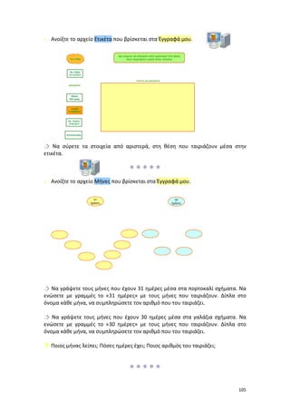  Ανοίξτε το αρχείο Ετικέτα που βρίσκεται στα Έγγραφά μου.

 Να σύρετε τα στοιχεία από αριστερά, στη θέση που ταιριάζουν μέσα στην
ετικέτα.

 Ανοίξτε το αρχείο Μήνες που βρίσκεται στα Έγγραφά μου.

 Να γράψετε τους μήνες που έχουν 31 ημέρες μέσα στα πορτοκαλί σχήματα. Να
ενώσετε με γραμμές το «31 ημέρες» με τους μήνες που ταιριάζουν. Δίπλα στο
όνομα κάθε μήνα, να συμπληρώσετε τον αριθμό που του ταιριάζει.
 Να γράψετε τους μήνες που έχουν 30 ημέρες μέσα στα γαλάζια σχήματα. Να
ενώσετε με γραμμές το «30 ημέρες» με τους μήνες που ταιριάζουν. Δίπλα στο
όνομα κάθε μήνα, να συμπληρώσετε τον αριθμό που του ταιριάζει.
 Ποιος μήνας λείπει; Πόσες ημέρες έχει; Ποιος αριθμός του ταιριάζει;



105

 