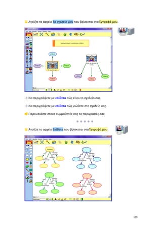  Ανοίξτε το αρχείο Το σχολείο μου που βρίσκεται στα Έγγραφά μου.

 Να περιγράψετε με επίθετα πώς είναι το σχολείο σας.
 Να περιγράψετε με επίθετα πώς νιώθετε στο σχολείο σας.
 Παρουσιάστε στους συμμαθητές σας τις περιγραφές σας.

 Ανοίξτε το αρχείο Επίθετα που βρίσκεται στα Έγγραφά μου.

109

 