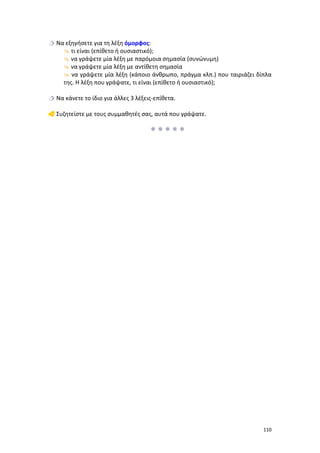  Να εξηγήσετε για τη λέξη όμορφος:
 τι είναι (επίθετο ή ουσιαστικό);
 να γράψετε μία λέξη με παρόμοια σημασία (συνώνυμη)
 να γράψετε μία λέξη με αντίθετη σημασία
 να γράψετε μία λέξη (κάποιο άνθρωπο, πράγμα κλπ.) που ταιριάζει δίπλα
της. Η λέξη που γράψατε, τι είναι (επίθετο ή ουσιαστικό);
 Να κάνετε το ίδιο για άλλες 3 λέξεις-επίθετα.
 Συζητείστε με τους συμμαθητές σας, αυτά που γράψατε.


110

 