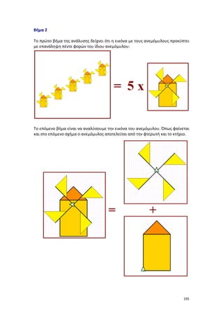 Βήμα 2
Το πρώτο βήμα της ανάλυσης δείχνει ότι η εικόνα με τους ανεμόμυλους προκύπτει
με επανάληψη πέντε φορών του ίδιου ανεμόμυλου:

Το επόμενο βήμα είναι να αναλύσουμε την εικόνα του ανεμόμυλου. Όπως φαίνεται
και στο επόμενο σχήμα ο ανεμόμυλος αποτελείται από την φτερωτή και το κτήριο.

195

 