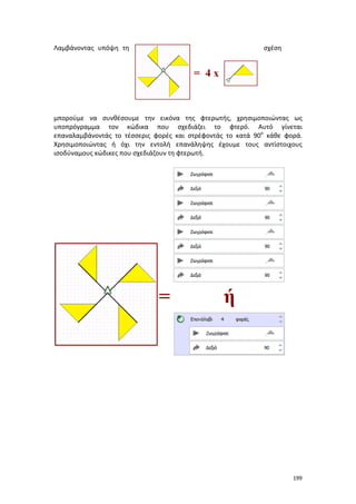 Λαμβάνοντας υπόψη τη

σχέση

μπορούμε να συνθέσουμε την εικόνα της φτερωτής, χρησιμοποιώντας ως
υποπρόγραμμα τον κώδικα που σχεδιάζει το φτερό. Αυτό γίνεται
επαναλαμβάνοντάς το τέσσερις φορές και στρέφοντάς το κατά 90ο κάθε φορά.
Χρησιμοποιώντας ή όχι την εντολή επανάληψης έχουμε τους αντίστοιχους
ισοδύναμους κώδικες που σχεδιάζουν τη φτερωτή.

199

 