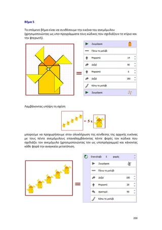 Βήμα 5
Το επόμενο βήμα είναι να συνθέσουμε την εικόνα του ανεμόμυλου
(χρησιμοποιώντας ως υπο-προγράμματα τους κώδικες που σχεδιάζουν το κτίριο και
την φτερωτή).

Λαμβάνοντας υπόψη τη σχέση

μπορούμε να προχωρήσουμε στην ολοκλήρωση της σύνθεσης της αρχικής εικόνας
με τους πέντε ανεμόμυλους επαναλαμβάνοντας πέντε φορές τον κώδικα που
σχεδιάζει τον ανεμόμυλο (χρησιμοποιώντας τον ως υποπρόγραμμα) και κάνοντας
κάθε φορά την αναγκαία μετατόπιση.

200

 