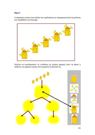 Βήμα 5
Η παρακάτω εικόνα είναι προϊόν που σχεδιάστηκε με προγραμματισμό της χελώνας
στο περιβάλλον της EasyLogo.

Ζητείται να συμπληρώσετε τις συνδέσεις με μαύρες γραμμές ώστε να φανεί η
ανάλυση της αρχικής εικόνας στα επιμέρους συστατικά της.

206

 