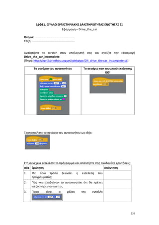 Δ1ΦΕ1. ΦΥΛΛΟ ΕΡΓΑΣΤΗΡΙΑΚΗΣ ΔΡΑΣΤΗΡΙΟΤΗΤΑΣ ΕΝΟΤΗΤΑΣ Ε1
Εφαρμογή – Drive_the_car
Όνομα: ………………………………………………
Τάξη: ………………………………………………….

Αναζητήστε το scratch στον υπολογιστή σας και ανοίξτε την εφαρμογή
Drive_the_car_incomplete.
(Πηγή: http://eprl.korinthos.uop.gr/odekptpe/D4_drive_the car_incomplete.sb)
Το σενάριο του αυτοκινήτου

Το σενάριο του κουμπιού εκκίνησης
GO!

Τροποποιήστε το σενάριο του αυτοκινήτου ως εξής:

Στη συνέχεια εκτελέστε το πρόγραμμα και απαντήστε στις ακόλουθες ερωτήσεις:
α/α Ερώτηση
Απάντηση
1.

Με ποιο τρόπο
προγράμματος;

2.

Πώς «καταλαβαίνει» το αυτοκινητάκι ότι θα πρέπει
να ξεκινήσει να κινείται;

3.

Ποιος

είναι

ξεκινάει

ο

ρόλος

η

εκτέλεση

της

του

εντολής

;

226

 