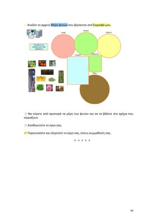  Ανοίξτε το αρχείο Μέρη φυτών που βρίσκεται στα Έγγραφά μου.

 Να σύρετε από αριστερά τα μέρη των φυτών και να τα βάλετε στο σχήμα που
ταιριάζουν.
 Αποθηκεύστε το έργο σας.
 Παρουσιάστε και εξηγείστε το έργο σας, στους συμμαθητές σας.


60

 