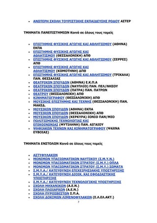 7
 ΑΝΩΤΕΡΗ ΣΧΟΛΗ ΤΟΥΡΙΣΤΙΚΗΣ ΕΚΠΑΙΔΕΥΣΗΣ ΡΟΔΟΥ ΑΣΤΕΡ
ΤΜΗΜΑΤΑ ΠΑΝΕΠΙΣΤΗΜΙΩΝ Κοινά σε όλους τους τομείς
 ΕΠΙΣΤΗΜΗΣ ΦΥΣΙΚΗΣ ΑΓΩΓΗΣ ΚΑΙ ΑΘΛΗΤΙΣΜΟΥ (ΑΘΗΝΑ)
ΕΚΠΑ
 ΕΠΙΣΤΗΜΗΣ ΦΥΣΙΚΗΣ ΑΓΩΓΗΣ ΚΑΙ
ΑΘΛΗΤΙΣΜΟΥ (ΘΕΣΣΑΛΟΝΙΚΗ) ΑΠΘ
 ΕΠΙΣΤΗΜΗΣ ΦΥΣΙΚΗΣ ΑΓΩΓΗΣ ΚΑΙ ΑΘΛΗΤΙΣΜΟΥ (ΣΕΡΡΕΣ)
ΑΠΘ
 ΕΠΙΣΤΗΜΗΣ ΦΥΣΙΚΗΣ ΑΓΩΓΗΣ ΚΑΙ
ΑΘΛΗΤΙΣΜΟΥ (ΚΟΜΟΤΗΝΗ) ΔΠΘ
 ΕΠΙΣΤΗΜΗΣ ΦΥΣΙΚΗΣ ΑΓΩΓΗΣ ΚΑΙ ΑΘΛΗΤΙΣΜΟΥ (ΤΡΙΚΑΛΑ)
ΠΑΝ. ΘΕΣΣΑΛΙΑΣ
 ΘΕΑΤΡΙΚΩΝ ΣΠΟΥΔΩΝ (ΑΘΗΝΑ) Ε.Κ.Π.Α
 ΘΕΑΤΡΙΚΩΝ ΣΠΟΥΔΩΝ (ΝΑΥΠΛΙΟ) ΠΑΝ. ΠΕΛ/ΝΗΣΟΥ
 ΘΕΑΤΡΙΚΩΝ ΣΠΟΥΔΩΝ (ΠΑΤΡΑ) ΠΑΝ. ΠΑΤΡΩΝ
 ΘΕΑΤΡΟΥ (ΘΕΣΣΑΛΟΝΙΚΗ) ΑΠΘ
 ΚΙΝΗΜΑΤΟΓΡΑΦΟΥ (ΘΕΣΣΑΛΟΝΙΚΗ) ΑΠΘ
 ΜΟΥΣΙΚΗΣ ΕΠΙΣΤΗΜΗΣ ΚΑΙ ΤΕΧΝΗΣ (ΘΕΣΣΑΛΟΝΙΚΗ) ΠΑΝ.
ΜΑΚΕΔ.
 ΜΟΥΣΙΚΩΝ ΣΠΟΥΔΩΝ (ΑΘΗΝΑ) ΕΚΠΑ
 ΜΟΥΣΙΚΩΝ ΣΠΟΥΔΩΝ (ΘΕΣΣΑΛΟΝΙΚΗ) ΑΠΘ
 ΜΟΥΣΙΚΩΝ ΣΠΟΥΔΩΝ (ΚΕΡΚΥΡΑ) ΙΟΝΙΟ ΠΑΝ/ΜΙΟ
 ΠΟΛΙΤΙΣΜΙΚΗΣ ΤΕΧΝΟΛΟΓΙΑΣ ΚΑΙ
ΕΠΙΚΟΙΝΩΝΙΑΣ (ΜΥΤΙΛΗΝΗ) ΠΑΝ. ΑΙΓΑΙΟΥ
 ΨΗΦΙΑΚΩΝ ΤΕΧΝΩΝ ΚΑΙ ΚΙΝΗΜΑΤΟΓΡΑΦΟΥ (ΨΑΧΝΑ
ΕΥΒΟΙΑΣ)
ΤΜΗΜΑΤΑ ΕΝΣΤΟΛΩΝ Κοινά σε όλους τους τομείς
 ΑΣΤΥΦΥΛΑΚΩΝ
 ΜΟΝΙΜΩΝ ΥΠΑΞΙΩΜΑΤΙΚΩΝ ΝΑΥΤΙΚΟΥ (Σ.Μ.Υ.Ν.)
 ΜΟΝΙΜΩΝ ΥΠΑΞΙΩΜΑΤΙΚΩΝ ΣΤΡΑΤΟΥ (Σ.Μ.Υ.) ΟΠΛΑ
 ΜΟΝΙΜΩΝ ΥΠΑΞΙΩΜΑΤΙΚΩΝ ΣΤΡΑΤΟΥ (Σ.Μ.Υ.) ΣΩΜΑΤΑ
 Σ.Μ.Υ.Α./ ΚΑΤΕΥΘΥΝΣΗ ΕΠΙΧΕΙΡΗΣΙΑΚΗΣ ΥΠΟΣΤΗΡΙΞΗΣ
 Σ.Μ.Υ.Α./ ΚΑΤΕΥΘΥΝΣΗ ΔΙΟΙΚ. ΚΑΙ ΕΦΟΔΙΑΣΤΙΚΗΣ
ΥΠΟΣΤΗΡΙΞΗΣ
 Σ.Μ.Υ.Α./ ΚΑΤΕΥΘΥΝΣΗ ΤΕΧΝΟΛΟΓΙΚΗΣ ΥΠΟΣΤΗΡΙΞΗΣ
 ΣΧΟΛΗ ΜΗΧΑΝΙΚΩΝ (Α.Ε.Ν.)
 ΣΧΟΛΗ ΠΛΟΙΑΡΧΩΝ (Α.Ε.Ν.)
 ΣΧΟΛΗ ΠΥΡΟΣΒΕΣΤΩΝ Σ.Π.Α.
 ΣΧΟΛΗ ΔΟΚΙΜΩΝ ΛΙΜΕΝΟΦΥΛΑΚΩΝ (Σ.Λ.ΕΛ.ΑΚΤ.)
 