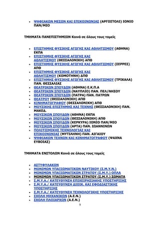 9
 ΨΗΦΙΑΚΩΝ ΜΕΣΩΝ ΚΑΙ ΕΠΙΚΟΙΝΩΝΙΑΣ (ΑΡΓΟΣΤΟΛΙ) ΙΟΝΙΟ
ΠΑΝ/ΜΙΟ
ΤΜΗΜΑΤΑ ΠΑΝΕΠΙΣΤΗΜΙΩΝ Κοινά σε όλους τους τομείς
 ΕΠΙΣΤΗΜΗΣ ΦΥΣΙΚΗΣ ΑΓΩΓΗΣ ΚΑΙ ΑΘΛΗΤΙΣΜΟΥ (ΑΘΗΝΑ)
ΕΚΠΑ
 ΕΠΙΣΤΗΜΗΣ ΦΥΣΙΚΗΣ ΑΓΩΓΗΣ ΚΑΙ
ΑΘΛΗΤΙΣΜΟΥ (ΘΕΣΣΑΛΟΝΙΚΗ) ΑΠΘ
 ΕΠΙΣΤΗΜΗΣ ΦΥΣΙΚΗΣ ΑΓΩΓΗΣ ΚΑΙ ΑΘΛΗΤΙΣΜΟΥ (ΣΕΡΡΕΣ)
ΑΠΘ
 ΕΠΙΣΤΗΜΗΣ ΦΥΣΙΚΗΣ ΑΓΩΓΗΣ ΚΑΙ
ΑΘΛΗΤΙΣΜΟΥ (ΚΟΜΟΤΗΝΗ) ΔΠΘ
 ΕΠΙΣΤΗΜΗΣ ΦΥΣΙΚΗΣ ΑΓΩΓΗΣ ΚΑΙ ΑΘΛΗΤΙΣΜΟΥ (ΤΡΙΚΑΛΑ)
ΠΑΝ. ΘΕΣΣΑΛΙΑΣ
 ΘΕΑΤΡΙΚΩΝ ΣΠΟΥΔΩΝ (ΑΘΗΝΑ) Ε.Κ.Π.Α
 ΘΕΑΤΡΙΚΩΝ ΣΠΟΥΔΩΝ (ΝΑΥΠΛΙΟ) ΠΑΝ. ΠΕΛ/ΝΗΣΟΥ
 ΘΕΑΤΡΙΚΩΝ ΣΠΟΥΔΩΝ (ΠΑΤΡΑ) ΠΑΝ. ΠΑΤΡΩΝ
 ΘΕΑΤΡΟΥ (ΘΕΣΣΑΛΟΝΙΚΗ) ΑΠΘ
 ΚΙΝΗΜΑΤΟΓΡΑΦΟΥ (ΘΕΣΣΑΛΟΝΙΚΗ) ΑΠΘ
 ΜΟΥΣΙΚΗΣ ΕΠΙΣΤΗΜΗΣ ΚΑΙ ΤΕΧΝΗΣ (ΘΕΣΣΑΛΟΝΙΚΗ) ΠΑΝ.
ΜΑΚΕΔ.
 ΜΟΥΣΙΚΩΝ ΣΠΟΥΔΩΝ (ΑΘΗΝΑ) ΕΚΠΑ
 ΜΟΥΣΙΚΩΝ ΣΠΟΥΔΩΝ (ΘΕΣΣΑΛΟΝΙΚΗ) ΑΠΘ
 ΜΟΥΣΙΚΩΝ ΣΠΟΥΔΩΝ (ΚΕΡΚΥΡΑ) ΙΟΝΙΟ ΠΑΝ/ΜΙΟ
 ΜΟΥΣΙΚΩΝ ΣΠΟΥΔΩΝ (ΑΡΤΑ) ΠΑΝ. ΙΩΑΝΝΙΝΩΝ
 ΠΟΛΙΤΙΣΜΙΚΗΣ ΤΕΧΝΟΛΟΓΙΑΣ ΚΑΙ
ΕΠΙΚΟΙΝΩΝΙΑΣ (ΜΥΤΙΛΗΝΗ) ΠΑΝ. ΑΙΓΑΙΟΥ
 ΨΗΦΙΑΚΩΝ ΤΕΧΝΩΝ ΚΑΙ ΚΙΝΗΜΑΤΟΓΡΑΦΟΥ (ΨΑΧΝΑ
ΕΥΒΟΙΑΣ)
ΤΜΗΜΑΤΑ ΕΝΣΤΟΛΩΝ Κοινά σε όλους τους τομείς
 ΑΣΤΥΦΥΛΑΚΩΝ
 ΜΟΝΙΜΩΝ ΥΠΑΞΙΩΜΑΤΙΚΩΝ ΝΑΥΤΙΚΟΥ (Σ.Μ.Υ.Ν.)
 ΜΟΝΙΜΩΝ ΥΠΑΞΙΩΜΑΤΙΚΩΝ ΣΤΡΑΤΟΥ (Σ.Μ.Υ.) ΟΠΛΑ
 ΜΟΝΙΜΩΝ ΥΠΑΞΙΩΜΑΤΙΚΩΝ ΣΤΡΑΤΟΥ (Σ.Μ.Υ.) ΣΩΜΑΤΑ
 Σ.Μ.Υ.Α./ ΚΑΤΕΥΘΥΝΣΗ ΕΠΙΧΕΙΡΗΣΙΑΚΗΣ ΥΠΟΣΤΗΡΙΞΗΣ
 Σ.Μ.Υ.Α./ ΚΑΤΕΥΘΥΝΣΗ ΔΙΟΙΚ. ΚΑΙ ΕΦΟΔΙΑΣΤΙΚΗΣ
ΥΠΟΣΤΗΡΙΞΗΣ
 Σ.Μ.Υ.Α./ ΚΑΤΕΥΘΥΝΣΗ ΤΕΧΝΟΛΟΓΙΚΗΣ ΥΠΟΣΤΗΡΙΞΗΣ
 ΣΧΟΛΗ ΜΗΧΑΝΙΚΩΝ (Α.Ε.Ν.)
 ΣΧΟΛΗ ΠΛΟΙΑΡΧΩΝ (Α.Ε.Ν.)
 