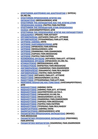 11
 ΕΠΙΣΤΗΜΩΝ ΔΙΑΤΡΟΦΗΣ ΚΑΙ ΔΙΑΙΤΟΛΟΓΙΑΣ ( ΣΗΤΕΙΑ)
ΕΛ.ΜΕ.ΠΑ.
 ΕΠΙΣΤΗΜΩΝ ΠΡΟΣΧΟΛΙΚΗΣ ΑΓΩΓΗΣ ΚΑΙ
ΕΚΠΑΙΔΕΥΣΗΣ (ΘΕΣΣΑΛΟΝΙΚΗ) ΑΠΘ
 ΕΠΙΣΤΗΜΩΝ ΤΗΣ ΕΚΠΑΙΔΕΥΣΗΣ ΚΑΙ ΤΗΣ ΑΓΩΓΗΣ ΣΤΗΝ
ΠΡΟΣΧΟΛΙΚΗ ΗΛΙΚΙΑ (ΠΑΤΡΑ) ΠΑΝ.ΠΑΤΡΩΝ
 ΕΠΙΣΤΗΜΩΝ ΤΗΣ ΕΚΠΑΙΔΕΥΣΗΣ ΣΤΗΝ ΠΡΟΣΧΟΛΙΚΗ
ΗΛΙΚΙΑ (ΑΛΕΞΑΝΔΡΟΥΠΟΛΗ) ΔΠΘ
 ΕΠΙΣΤΗΜΩΝ ΤΗΣ ΠΡΟΣΧΟΛΙΚΗΣ ΑΓΩΓΗΣ ΚΑΙ ΕΚΠΑΙΔΕΥΤΙΚΟΥ
ΣΧΕΔΙΑΣΜΟΥ (ΡΟΔΟΣ) ΠΑΝ.ΑΙΓΑΙΟΥ
 ΕΡΓΟΘΕΡΑΠΕΙΑΣ (ΑΙΓΑΛΕΩ) ΠΑΝ.ΔΥΤ. ΑΤΤΙΚΗΣ
 ΕΡΓΟΘΕΡΑΠΕΙΑΣ (ΠΤΟΛΕΜΑΪΔΑ) ΠΑΝ.ΔΥΤ.ΜΑΚ.
 ΙΑΤΡΙΚΗΣ (ΑΘΗΝΑ) ΕΚΠΑ
 ΙΑΤΡΙΚΗΣ (ΑΛΕΞΑΝΔΡΟΥΠΟΛΗ) ΔΠΘ
 ΙΑΤΡΙΚΗΣ (ΗΡΑΚΛΕΙΟ) ΠΑΝ.ΚΡΗΤΗΣ
 ΙΑΤΡΙΚΗΣ (ΘΕΣΣΑΛΟΝΙΚΗ) ΑΠΘ
 ΙΑΤΡΙΚΗΣ (ΙΩΑΝΝΙΝΑ) ΠΑΝ.ΙΩΑΝΝΙΝΩΝ
 ΙΑΤΡΙΚΗΣ (ΛΑΡΙΣΑ) ΠΑΝ.ΘΕΣΣΑΛΙΑΣ
 ΙΑΤΡΙΚΗΣ (ΠΑΤΡΑ) ΠΑΝ.ΠΑΤΡΩΝ
 ΚΟΙΝΩΝΙΚΗΣ ΕΡΓΑΣΙΑΣ (ΑΙΓΑΛΕΩ) ΠΑΝ.ΔΥΤ. ΑΤΤΙΚΗΣ
 ΚΟΙΝΩΝΙΚΗΣ ΕΡΓΑΣΙΑΣ (ΗΡΑΚΛΕΙΟ) ΕΛ.ΜΕ.ΠΑ.
 ΚΤΗΝΙΑΤΡΙΚΗΣ (ΘΕΣΣΑΛΟΝΙΚΗ) ΑΠΘ
 ΚΤΗΝΙΑΤΡΙΚΗΣ (ΚΑΡΔΙΤΣΑ) ΠΑΝ.ΘΕΣΣΑΛΙΑΣ
 ΛΟΓΟΘΕΡΑΠΕΙΑΣ (ΙΩΑΝΝΙΝΑ) ΠΑΝ.ΙΩΑΝΝΙΝΩΝ
 ΛΟΓΟΘΕΡΑΠΕΙΑΣ (ΚΑΛΑΜΑΤΑ) ΠΑΝ.ΠΕΛ/ΝΗΣΟΥ
 ΛΟΓΟΘΕΡΑΠΕΙΑΣ (ΠΑΤΡΑ) ΠΑΝ.ΠΑΤΡΩΝ
 ΜΑΙΕΥΤΙΚΗΣ (ΑΙΓΑΛΕΩ) ΠΑΝ.ΔΥΤ. ΑΤΤΙΚΗΣ
 ΜΑΙΕΥΤΙΚΗΣ (ΘΕΣΣΑΛΟΝΙΚΗ) ΔΙ.ΠΑ.Ε.
 ΜΑΙΕΥΤΙΚΗΣ (ΠΤΟΛΕΜΑΪΔΑ) ΠΑΝ.ΔΥΤ.ΜΑΚ.
 ΜΟΡΙΑΚΗΣ ΒΙΟΛΟΓΙΑΣ ΚΑΙ ΓΕΝΕΤΙΚΗΣ (ΑΛΕΞΑΝΔΡΟΥΠΟΛΗ)
ΔΠΘ
 ΝΟΣΗΛΕΥΤΙΚΗΣ (ΑΘΗΝΑ) ΕΚΠΑ
 ΝΟΣΗΛΕΥΤΙΚΗΣ (ΑΘΗΝΑ) ΠΑΝ.ΔΥΤ. ΑΤΤΙΚΗΣ
 ΝΟΣΗΛΕΥΤΙΚΗΣ (ΔΙΔΥΜΟΤΕΙΧΟ) ΔΙ.ΠΑ.Ε.
 ΝΟΣΗΛΕΥΤΙΚΗΣ (ΗΡΑΚΛΕΙΟ) ΕΛ.ΜΕ.ΠΑ.
 ΝΟΣΗΛΕΥΤΙΚΗΣ (ΘΕΣΣΑΛΟΝΙΚΗ) ΔΙ.ΠΑ.Ε.
 ΝΟΣΗΛΕΥΤΙΚΗΣ (ΙΩΑΝΝΙΝΑ) ΠΑΝ.ΙΩΑΝΝΙΝΩΝ
 ΝΟΣΗΛΕΥΤΙΚΗΣ (ΛΑΡΙΣΑ) ΠΑΝ.ΘΕΣΣΑΛΙΑΣ
 ΝΟΣΗΛΕΥΤΙΚΗΣ (ΠΑΤΡΑ) ΠΑΝ.ΠΑΤΡΩΝ
 ΝΟΣΗΛΕΥΤΙΚΗΣ (ΤΡΙΠΟΛΗ) ΠΑΝ.ΠΕΛ/ΝΗΣΟΥ
 ΟΔΟΝΤΙΑΤΡΙΚΗΣ (ΑΘΗΝΑ) ΕΚΠΑ
 ΟΔΟΝΤΙΑΤΡΙΚΗΣ (ΘΕΣΣΑΛΟΝΙΚΗ) ΑΠΘ
 ΠΑΙΔΑΓΩΓΙΚΟ ΠΡΟΣΧΟΛΙΚΗΣ ΕΚΠΑΙΔΕΥΣΗΣ (ΒΟΛΟΣ)
ΠΑΝ.ΘΕΣΣΑΛΙΑΣ
 ΠΑΙΔΑΓΩΓΙΚΟ ΠΡΟΣΧΟΛΙΚΗΣ ΕΚΠΑΙΔΕΥΣΗΣ (ΡΕΘΥΜΝΟ)
ΠΑΝ.ΚΡΗΤΗΣ
 ΠΑΙΔΑΓΩΓΙΚΟ ΝΗΠΙΑΓΩΓΩΝ (ΙΩΑΝΝΙΝΑ) ΠΑΝ.ΙΩΑΝΝΙΝΩΝ
 