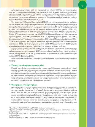43
   ¢¤Î· ¯ÚﬁÓÈ· ·ÚÁﬁÙÂÚ· ·ﬁ ÙËÓ ÂÊ·ÚÌÔÁ‹ ÙÔ˘ ÓﬁÌÔ˘ 1566/85, Î·È Û˘ÁÎÂÎÚÈÌ¤Ó·
·ﬁ ÙÔÓ ™ÂÙ¤Ì‚ÚÈÔ ÙÔ˘ 1995 Ì¤¯ÚÈ ÙÔÓ πÔ‡ÓÈÔ ÙÔ˘ 1997, ¿Ú¯ÈÛ·Ó Ó· ÏÂÈÙÔ˘ÚÁÔ‡Ó ¿Ù˘·
ÛÙÔ ÏÂÎ·ÓÔ¤‰ÈÔ ÙË˜ ∞ı‹Ó·˜, ÌÂ Â˘ı‡ÓË ÙˆÓ ÚÔ˚ÛÙ·Ì¤ÓˆÓ ÚˆÙÔ‚¿ıÌÈ·˜ ÂÎ·›‰Â˘-
ÛË˜ Î·È ÙˆÓ ÓËÈ·ÁˆÁÒÓ, ÔÏÔ‹ÌÂÚ· ÙÌ‹Ì·Ù· ÌÂ ‰ÈÂ˘Ú˘Ì¤ÓÔ ˆÚ¿ÚÈÔ, ¯ˆÚ›˜ Ó· ˘¿Ú¯ÂÈ
ÓÔÌÈÎﬁ Ï·›ÛÈÔ (∞‰ÚÈ·ÓÔÔ‡ÏÔ˘ Î.¿., 2003).
   ΔÔÓ ª¿ÈÔ ÙÔ˘ 1997 Î·Ù·Ù¤ıËÎÂ Ô ÓﬁÌÔ˜ 2525/97, ÁÈ· Ó· ÔÚÈÛÙÈÎÔÔÈ‹ÛÂÈ ÙËÓ Î·ıÈ¤Úˆ-
ÛË ÙÔ˘ ıÂÛÌÔ‡ ÙÔ˘ ÔÏÔ‹ÌÂÚÔ˘ ÓËÈ·ÁˆÁÂ›Ô˘. ŒÙÛÈ ·Ú·ÙËÚÂ›Ù·È ÌÈ· ‚·ıÌÈ·›· ·‡ÍËÛË
ÙÔ˘ ·ÚÈıÌÔ‡ ÙˆÓ ÙÌËÌ¿ÙˆÓ ÙˆÓ ÔÏÔ‹ÌÂÚˆÓ ÓËÈ·ÁˆÁÂ›ˆÓ. ªÂ ÙËÓ ¤Ó·ÚÍË ÙË˜ Û¯ÔÏÈÎ‹˜
¯ÚÔÓÈ¿˜ 1997-1998 ÏÂÈÙÔ‡ÚÁËÛ·Ó 160 ÙÌ‹Ì·Ù·, ÙË ‰Â‡ÙÂÚË Û¯ÔÏÈÎ‹ ¯ÚÔÓÈ¿ (1998-1999)
Ù· ÙÌ‹Ì·Ù· ·˘Í‹ıËÎ·Ó ÛÂ 340, ÙËÓ ÙÚ›ÙË Û¯ÔÏÈÎ‹ ¯ÚÔÓÈ¿ (1999-2000) Ù· ÙÌ‹Ì·Ù· ·Ó‹Ï-
ı·Ó ÛÂ 879, ÙËÓ Ù¤Ù·ÚÙË Û¯ÔÏÈÎ‹ ¯ÚÔÓÈ¿ (2000-2001) ÂÂÎÙ¿ıËÎ·Ó ÛÂ 1.000, ÙËÓ ¤ÌÙË
Û¯ÔÏÈÎ‹ ¯ÚÔÓÈ¿ (2001-2002) ·˘Í‹ıËÎ·Ó ÛÂ 1.325, ÙËÓ ¤ÎÙË Û¯ÔÏÈÎ‹ ¯ÚÔÓÈ¿ (2002-2003)
ÏÂÈÙÔ‡ÚÁËÛ·Ó 1.637 ÙÌ‹Ì·Ù· (¡ÙÔÏÈÔÔ‡ÏÔ˘, 2003), ÙËÓ ¤‚‰ÔÌË Û¯ÔÏÈÎ‹ ¯ÚÔÓÈ¿ (2003-
2004) ÏÂÈÙÔ‡ÚÁËÛ·Ó 1.940 ÙÌ‹Ì·Ù·, ÙËÓ ﬁÁ‰ÔË Û¯ÔÏÈÎ‹ ¯ÚÔÓÈ¿ (2004-2005) Ù· ÙÌ‹Ì·Ù·
·Ó‹Ïı·Ó ÛÂ 2.182, ÙËÓ ¤Ó·ÙË Û¯ÔÏÈÎ‹ ¯ÚÔÓÈ¿ (2005-2006) ÏÂÈÙÔ‡ÚÁËÛ·Ó 2.358 ÙÌ‹Ì·Ù·
Î·È ÙË ‰¤Î·ÙË Û¯ÔÏÈÎ‹ ¯ÚÔÓÈ¿ (2006-2007) Ù· ÙÌ‹Ì·Ù· ·Ó‹Ïı·Ó ÛÂ 2.504.
   ™‹ÌÂÚ·, ‰¤Î· ¯ÚﬁÓÈ· ÌÂÙ¿ ÙËÓ Î·ıÈ¤ÚˆÛË ÙÔ˘ ıÂÛÌÔ‡, ÏÂÈÙÔ˘ÚÁÔ‡Ó 2.759 ÔÏÔ‹ÌÂÚ·
ÙÌ‹Ì·Ù· ÓËÈ·ÁˆÁÂ›ˆÓ, ÔÛÔÛÙﬁ 48,2% ÙÔ˘ Û˘ÓÔÏÈÎÔ‡ ·ÚÈıÌÔ‡ ÙˆÓ ÓËÈ·ÁˆÁÂ›ˆÓ, Ô
ÔÔ›Ô˜ ·Ó¤Ú¯ÂÙ·È ÛÂ 5.724, Î·È ÊÔÈÙÔ‡Ó Û’ ·˘Ù¿ 42.916 Ó‹È·, ÛÂ Û‡ÓÔÏÔ ÓË›ˆÓ - ÚÔ-
ÓË›ˆÓ 85.998 (∫ﬁÙÛË˜, 2008).
   ∞Ó·Ï˘ÙÈÎﬁÙÂÚ· ÙÔ Ï·›ÛÈÔ ÏÂÈÙÔ˘ÚÁ›·˜ ÙÔ˘ ÔÏÔ‹ÌÂÚÔ˘ ÓËÈ·ÁˆÁÂ›Ô˘ ÂÚÈÏ·Ì‚¿ÓÂÈ
Ù· ÂÍ‹˜:

ñ ™ÎÔﬁ˜ ÙÔ˘ ÔÏÔ‹ÌÂÚÔ˘ ÓËÈ·ÁˆÁÂ›Ô˘
    ™ÎÔﬁ˜ ÙÔ˘ ÔÏÔ‹ÌÂÚÔ˘ ÓËÈ·ÁˆÁÂ›Ô˘ Â›Ó·È Ë ·Ó·‚¿ıÌÈÛË ÙË˜ ÚÔÛ¯ÔÏÈÎ‹˜ ÂÎ·›-
    ‰Â˘ÛË˜, Ë ÔÏﬁÏÂ˘ÚË, ·ÚÌÔÓÈÎ‹ Î·È ÈÛﬁÚÚÔË ·Ó¿Ù˘ÍË ÙˆÓ ·È‰ÈÒÓ ËÏÈÎ›·˜ 4-6 ÂÙÒÓ
    ÛÙÔ Ï·›ÛÈÔ ÙˆÓ Â˘Ú‡ÙÂÚˆÓ ÛÙﬁ¯ˆÓ ÙË˜ ÚˆÙÔ‚¿ıÌÈ·˜ ÂÎ·›‰Â˘ÛË˜, Ë ÔÏÔÎÏËÚˆÌ¤-
    ÓË ÚÔÂÙÔÈÌ·Û›· ÙˆÓ ÓË›ˆÓ ÁÈ· ÙÔ ‰ËÌÔÙÈÎﬁ Û¯ÔÏÂ›Ô, Ë ÂÓ›Û¯˘ÛË ÙÔ˘ ÚﬁÏÔ˘ ÙË˜ ÎÚ·-
    ÙÈÎ‹˜ Ì¤ÚÈÌÓ·˜, ÌÂ ÛÙﬁ¯Ô ÙË ÌÂ›ˆÛË ÙˆÓ ÌÔÚÊˆÙÈÎÒÓ Î·È ÙˆÓ ÎÔÈÓˆÓÈÎÒÓ ‰È·ÎÚ›ÛÂ-
    ˆÓ, Î·È Ë ÂÍ˘ËÚ¤ÙËÛË ÙˆÓ ÂÚÁ·˙ﬁÌÂÓˆÓ ÁÔÓ¤ˆÓ.1

ñ ºÔ›ÙËÛË Î·È ÂÁÁÚ·Ê‹ ÓË›ˆÓ
    ∏ ÊÔ›ÙËÛË ÛÙ· ÔÏÔ‹ÌÂÚ· ÓËÈ·ÁˆÁÂ›· Â›Ó·È ‰ÈÂÙ‹˜ Î·È ÂÁÁÚ¿ÊÔÓÙ·È Û’ ·˘Ù¿ Ù· Ó‹-
    È· Ô˘ Û˘ÌÏËÚÒÓÔ˘Ó ÙËÓ 31Ë ¢ÂÎÂÌ‚Ú›Ô˘ ÙÔ˘ ¤ÙÔ˘˜ ÂÁÁÚ·Ê‹˜ ËÏÈÎ›· ÙÂÛÛ¿ÚˆÓ
    ÂÙÒÓ.2 ∞ﬁ ÙÔ 2003 Î·È ‡ÛÙÂÚ· ÊÔÈÙÔ‡Ó, ¯ˆÚ›˜ ÂÚÈÔÚÈÛÌﬁ, ﬁÏ· Ù· Ó‹È· ÁÈ· Ù·
    ÔÔ›· Î·Ù·Ù¤ıËÎÂ ·›ÙËÛË ÂÎ‰‹ÏˆÛË˜ ÂÓ‰È·Ê¤ÚÔÓÙÔ˜ ·ﬁ ÙÔ˘˜ ÁÔÓÂ›˜, ·ÓÂÍ¿ÚÙËÙ·
    ·Ó ÔÈ ÁÔÓÂ›˜ Â›Ó·È ÂÚÁ·˙ﬁÌÂÓÔÈ ‹ ﬁ¯È.3 ™Â ÂÚ›ÙˆÛË Ô˘ ˘¿Ú¯Ô˘Ó ÎÂÓ¤˜ ı¤ÛÂÈ˜ Â›-
    Ó·È ‰˘Ó·Ùﬁ Ó· Á›ÓÔÓÙ·È ‰ÂÎÙ¿ Î·È ·È‰È¿ ﬁÌÔÚË˜ ÂÚÈÊ¤ÚÂÈ·˜ ÌÂ ÙËÓ ¤ÁÎÚÈÛË ÙÔ˘ ‰È-
    Â˘ı˘ÓÙ‹ ‹ ÚÔ˚ÛÙ·Ì¤ÓÔ˘ ÂÎ·›‰Â˘ÛË˜ ÚˆÙÔ‚¿ıÌÈ·˜ ÂÎ·›‰Â˘ÛË˜.4 °È· ÙÔ ÏﬁÁÔ ·˘-

1 ∂ÁÎ‡ÎÏÈÔ˜ º.32/522/87900/°1 ÙË˜ 1/9/2004 «ÔÏÔ‹ÌÂÚÔ ÓËÈ·ÁˆÁÂ›Ô».
2 ∂ÁÎ‡ÎÏÈÔ˜ º.32/267/48/79/°1 ÙË˜ 19/5/2003 «ÊÔ›ÙËÛË ÓË›ˆÓ ÛÙÔ ÓËÈ·ÁˆÁÂ›Ô» (ÎÏ·ÛÈÎﬁ Î·È ÔÏÔ‹ÌÂ-
ÚÔ ÚﬁÁÚ·ÌÌ·).
3 ∂ÁÎ‡ÎÏÈÔ˜ º.32/252/45861/°1 ÙË˜ 13/5/2003 «ÊÔ›ÙËÛË ÓË›ˆÓ ÛÙÔ ÓËÈ·ÁˆÁÂ›Ô» (ÎÏ·ÛÈÎﬁ Î·È ÔÏÔ‹ÌÂ-

ÚÔ ÚﬁÁÚ·ÌÌ·).
4 ∂ÁÎ‡ÎÏÈÔ˜ º.32/522/87900/°1 ÙË˜ 1/9/2004 «ÔÏÔ‹ÌÂÚÔ ÓËÈ·ÁˆÁÂ›Ô».
 
