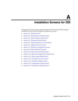 A
                       Installation Screens for ODI
                       A




This appendix contains images and descriptions for all of the Oracle Data Integrator
installation screens and post-installation configuration screens:
■   Section A.1, "Welcome Screen"
■   Section A.2, "Install Software Updates Screen"
■   Section A.3, "Select Installation Type Screen"
■   Section A.4, "Prerequisite Checks Screen"
■   Section A.5, "Specify Installation Location Screen"
■   Section A.6, "Application Server Screen"
■   Section A.7, "Repository Configuration Screen"
■   Section A.8, "Master Repository Screens"
■   Section A.9, "Supervisor User Details Screen"
■   Section A.10, "Specify Work Repository Details Screen"
■   Section A.11, "Specify Agent Details Screen"
■   Section A.12, "Installation Summary Screen"
■   Section A.13, "Installation Progress Screen"
■   Section A.14, "Configuration Progress Screen"
■   Section A.15, "Installation Completed Screen"




                                                          Installation Screens for ODI A-1
 