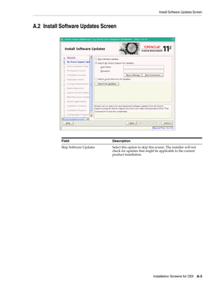 Install Software Updates Screen



A.2 Install Software Updates Screen




           Field                   Description
           Skip Software Updates   Select this option to skip this screen. The installer will not
                                   check for updates that might be applicable to the current
                                   product installation.




                                                                 Installation Screens for ODI A-3
 