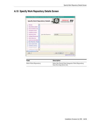 Specify Work Repository Details Screen



A.10 Specify Work Repository Details Screen




           Field                     Description
           Select Work Repository    Select the Oracle Data Integrator Work Repository
                                     from the drop-down list.




                                                        Installation Screens for ODI   A-13
 