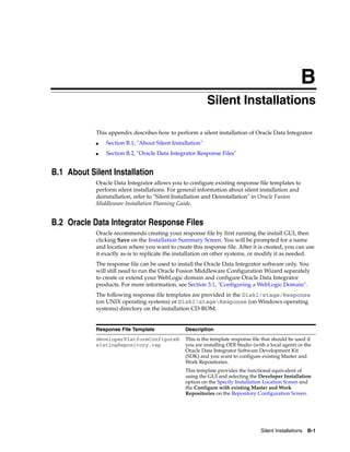B
                                                           Silent Installations

            This appendix describes how to perform a silent installation of Oracle Data Integrator.
            ■   Section B.1, "About Silent Installation"
            ■   Section B.2, "Oracle Data Integrator Response Files"


B.1 About Silent Installation
            Oracle Data Integrator allows you to configure existing response file templates to
            perform silent installations. For general information about silent installation and
            deinstallation, refer to "Silent Installation and Deinstallation" in Oracle Fusion
            Middleware Installation Planning Guide.


B.2 Oracle Data Integrator Response Files
            Oracle recommends creating your response file by first running the install GUI, then
            clicking Save on the Installation Summary Screen. You will be prompted for a name
            and location where you want to create this response file. After it is created, you can use
            it exactly as-is to replicate the installation on other systems, or modify it as needed.
            The response file can be used to install the Oracle Data Integrator software only. You
            will still need to run the Oracle Fusion Middleware Configuration Wizard separately
            to create or extend your WebLogic domain and configure Oracle Data Integrator
            products. For more information, see Section 3.1, "Configuring a WebLogic Domain".
            The following response file templates are provided in the Disk1/stage/Response
            (on UNIX operating systems) or Disk1stageResponse (on Windows operating
            systems) directory on the installation CD-ROM.


            Response File Template              Description
            developerPlatformConfigureE         This is the template response file that should be used if
            xistingRepository.rsp               you are installing ODI Studio (with a local agent) or the
                                                Oracle Data Integrator Software Development Kit
                                                (SDK) and you want to configure existing Master and
                                                Work Repositories.
                                                This template provides the functional equivalent of
                                                using the GUI and selecting the Developer Installation
                                                option on the Specify Installation Location Screen and
                                                the Configure with existing Master and Work
                                                Repositories on the Repository Configuration Screen.




                                                                                  Silent Installations   B-1
 