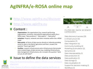 http://www.aginfra.eu/discover
http://www.aginfra.eu
Content :
 Organisations: the organisations (e.g. research performing
organisations, ministries, international organisations) within the e-
ROSA scope; “data producers”, “data experts” , “data policy”
 Initiatives: Projects, networks and other initiatives within the e-ROSA
scope
 Data points: all forms of data sources directly or indirectly providing
access to data in the field of agriculture and food ; answers the
question “how to get data?”
 Facilities: research infrastructures and e-infrastructures that provide
one or several types of data services (e.g. modeling infrastructures,
data management infrastructures, etc.); answers the question “what
can you do with data?”
Issue to define the data services
http://einfracentral.eu/basic-page/e-infrastructure-catalogue-
alignment
https://www.rd-alliance.org/groups/mapping-landscape-ig
AgINFRA/e-ROSA online map
 