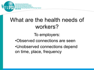 What are the health needs of
         workers?
            To employers:
 •Observed connections are seen
 •Unobserved connections depend
 on time, place, frequency
 
