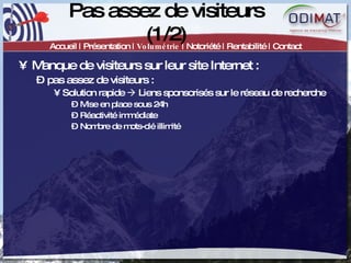 Pas assez de visiteurs (1/2) Accueil | Présentation |  Volumétrie  | Notoriété | Rentabilité | Contact Manque de visiteurs sur leur site Internet :  pas assez de visiteurs :  Solution rapide    Liens sponsorisés sur le réseau de recherche Mise en place sous 24h Réactivité immédiate Nombre de mots-clé illimité 