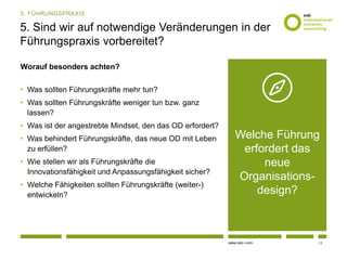 www.osb-i.com
5. Sind wir auf notwendige Veränderungen in der
Führungspraxis vorbereitet?
Worauf besonders achten?
• Was sollten Führungskräfte mehr tun?
• Was sollten Führungskräfte weniger tun bzw. ganz
lassen?
• Was ist der angestrebte Mindset, den das OD erfordert?
• Was behindert Führungskräfte, das neue OD mit Leben
zu erfüllen?
• Wie stellen wir als Führungskräfte die
Innovationsfähigkeit und Anpassungsfähigkeit sicher?
• Welche Fähigkeiten sollten Führungskräfte (weiter-)
entwickeln?
5. FÜHRUNGSPRAXIS
Welche Führung
erfordert das
neue
Organisations-
design?
11
 