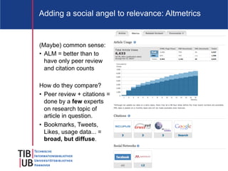 Adding a social angel to relevance: Altmetrics


(Maybe) common sense:
•  ALM = better than to
   have only peer review
   and citation counts

How do they compare?
•  Peer review + citations =
   done by a few experts
   on research topic of
   article in question.
•  Bookmarks, Tweets,
   Likes, usage data... =
   broad, but diffuse.


                                                 4
 