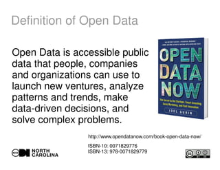 Definition of Open Data
Open Data is accessible public
data that people, companies
and organizations can use to
launch new ventures, analyze
patterns and trends, make
data-driven decisions, and
solve complex problems.
http://www.opendatanow.com/book-open-data-now/
ISBN-10: 0071829776
ISBN-13: 978-0071829779
 