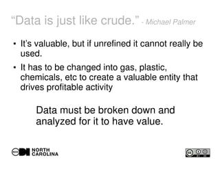 “Data is just like crude.” - Michael Palmer
●
It’s valuable, but if unrefined it cannot really be
used.
●
It has to be changed into gas, plastic,
chemicals, etc to create a valuable entity that
drives profitable activity
Data must be broken down and
analyzed for it to have value.
 