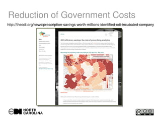 Reduction of Government Costs
http://theodi.org/news/prescription-savings-worth-millions-identified-odi-incubated-company
 