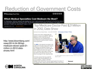 Reduction of Government Costs
http://www.bloomberg.com/
news/2014-04-09/top-
medicare-doctor-paid-21-
million-in-2012-data-
shows.html
 