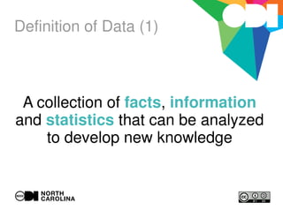 Definition of Data (1)
A collection of facts, information
and statistics that can be analyzed
to develop new knowledge
 