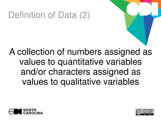 Definition of Data (2)
A collection of numbers assigned as
values to quantitative variables
and/or characters assigned as
values to qualitative variables
 