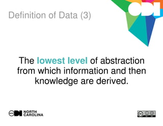 Definition of Data (3)
The lowest level of abstraction
from which information and then
knowledge are derived.
 