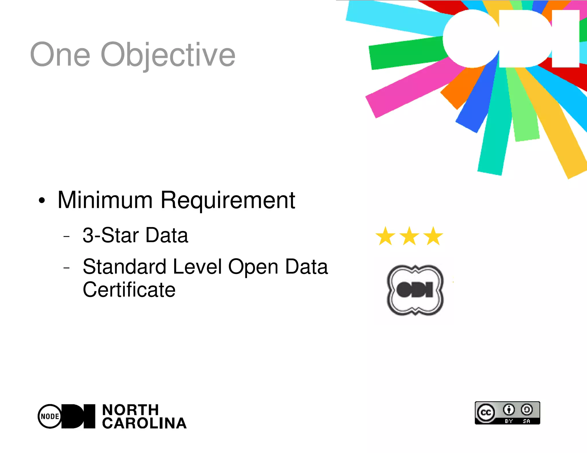 One Objective
●
Minimum Requirement
– 3-Star Data
– Standard Level Open Data
Certificate
★★★
 