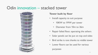 Odin innovation – stacked tower
Tower built by floor
• Install capacity to suit purpose
• 10KW to 1MW per tower
• Diameter from 10m to 36m
• Repair failed floor, operating the others
• Solar panels can be put on top and sides
• Bird strike is rare thanks to visible tower
• Lower floors can be used for various
purposes
17
 