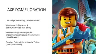 AXES	D’AMELIORATION
La	stratégie	de	licencing :	 quelles	limites	?	
Maîtrise	de	l’information	&	
communication	de	crise	(Shell)
Valoriser	l’image	de	marque	:	les	
engagements	écologiques	et	humanitaires	
(Unicef	&	WWF)	
Favoriser	l’interactivité	entreprise	/	clients	
(VR	&	propositions)
 