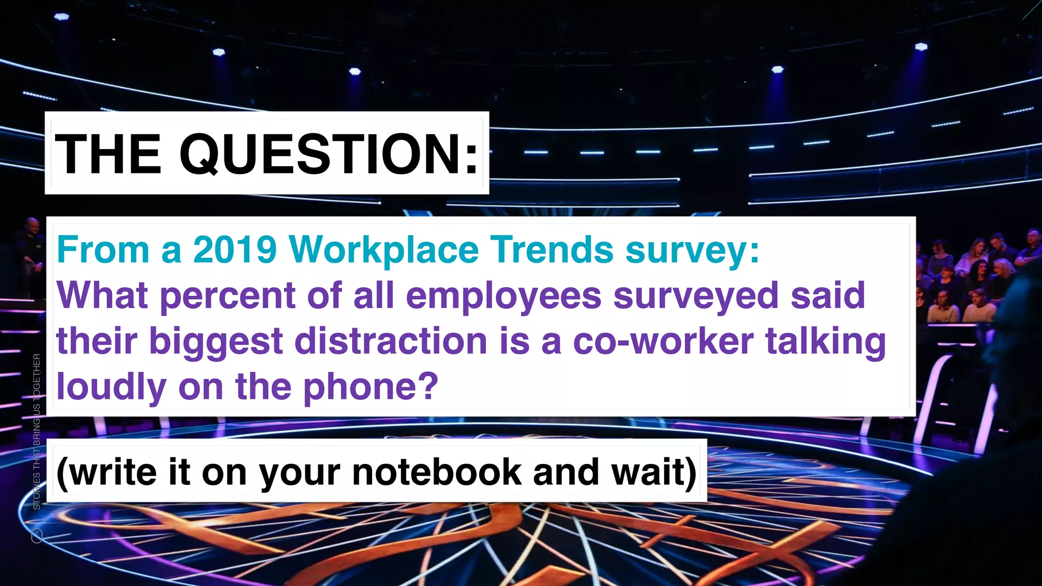 www.snow.academy 120
STORIESTHATBRINGUSTOGETHER
THE QUESTION:
From a 2019 Workplace Trends survey:
What percent of all employees surveyed said
their biggest distraction is a co-worker talking
loudly on the phone?
(write it on your notebook and wait)
 