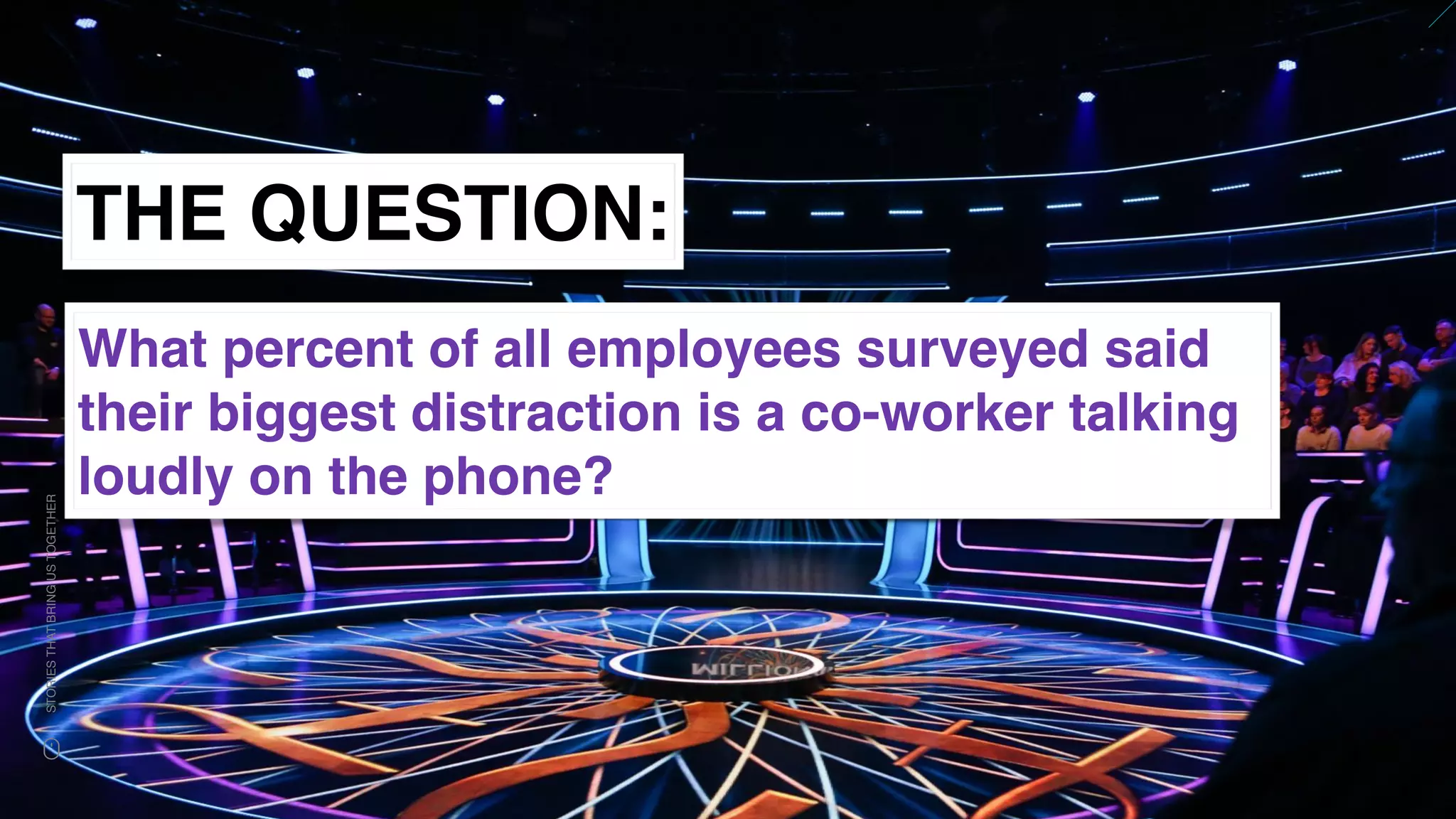 www.snow.academy 122
STORIESTHATBRINGUSTOGETHER
THE QUESTION:
What percent of all employees surveyed said
their biggest distraction is a co-worker talking
loudly on the phone?
 