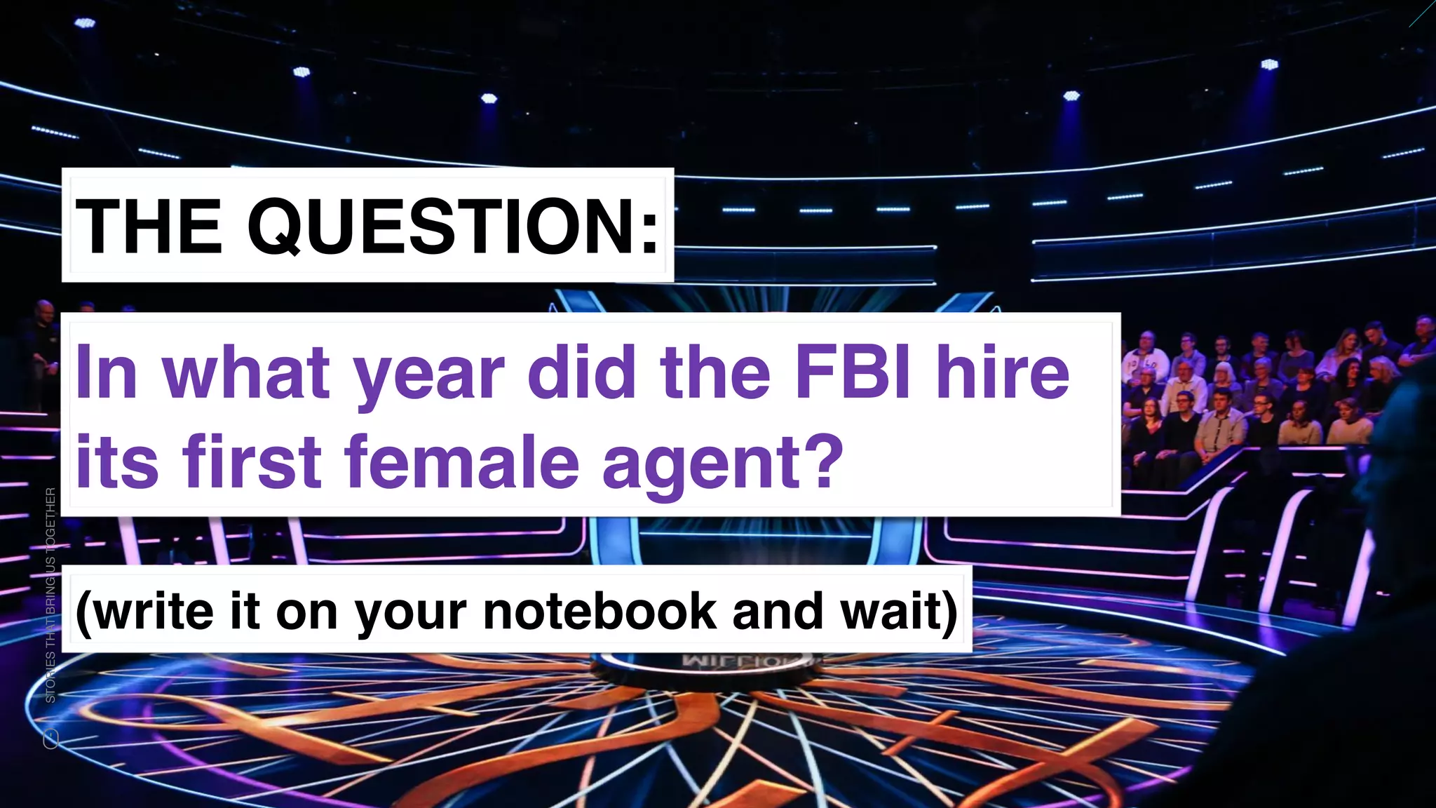 www.snow.academy 16
STORIESTHATBRINGUSTOGETHER
THE QUESTION:
In what year did the FBI hire
its ﬁrst female agent?
(write it on your notebook and wait)
 