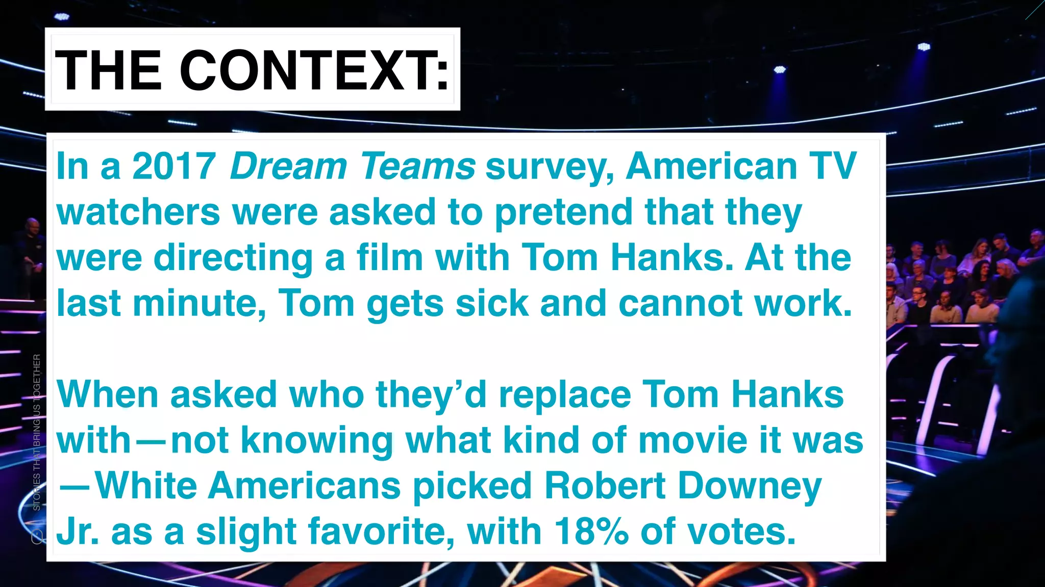 www.snow.academy 27
STORIESTHATBRINGUSTOGETHER
THE CONTEXT:
In a 2017 Dream Teams survey, American TV
watchers were asked to pretend that they
were directing a ﬁlm with Tom Hanks. At the
last minute, Tom gets sick and cannot work.
When asked who they’d replace Tom Hanks
with—not knowing what kind of movie it was
—White Americans picked Robert Downey
Jr. as a slight favorite, with 18% of votes.
 