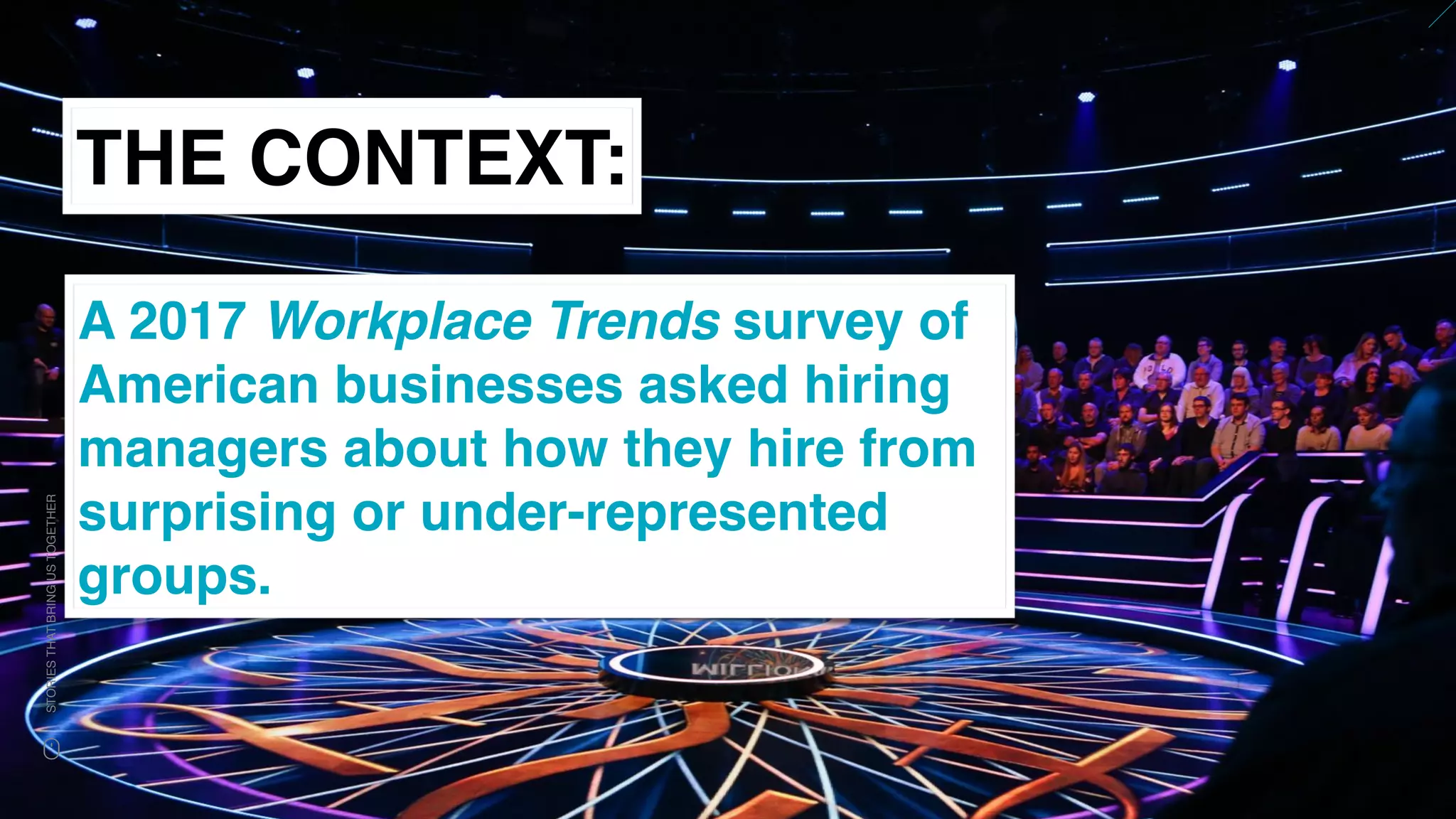 www.snow.academy 42
STORIESTHATBRINGUSTOGETHER
THE CONTEXT:
A 2017 Workplace Trends survey of
American businesses asked hiring
managers about how they hire from
surprising or under-represented
groups.
 