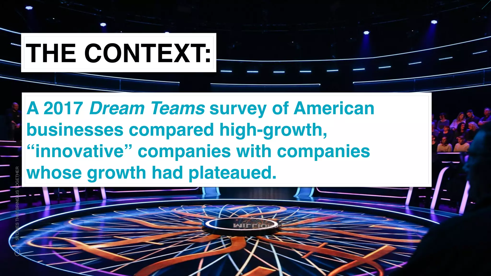 www.snow.academy 52
STORIESTHATBRINGUSTOGETHER
THE CONTEXT:
A 2017 Dream Teams survey of American
businesses compared high-growth,
“innovative” companies with companies
whose growth had plateaued.
 
