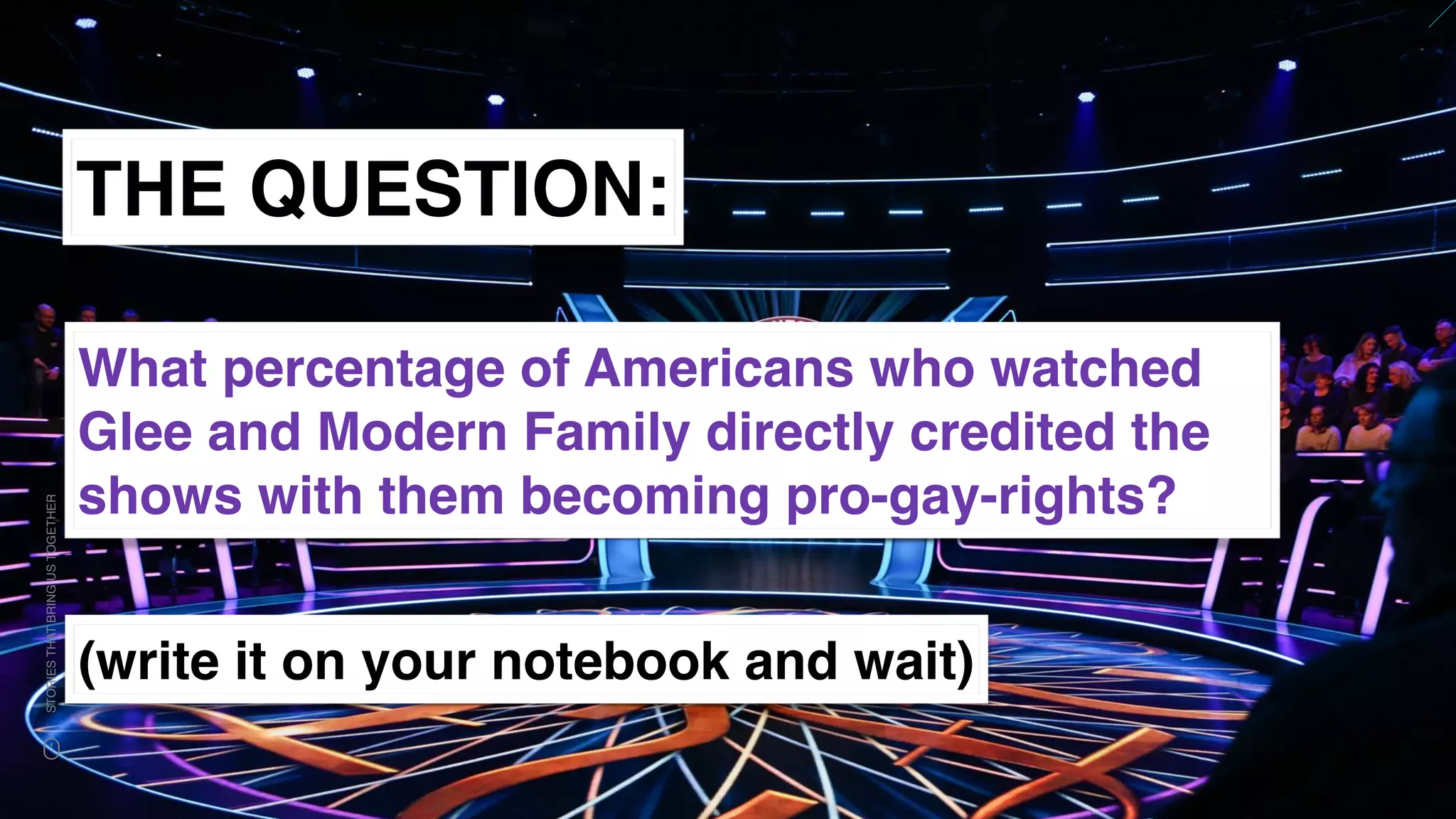 www.snow.academy 88
STORIESTHATBRINGUSTOGETHER
THE QUESTION:
What percentage of Americans who watched
Glee and Modern Family directly credited the
shows with them becoming pro-gay-rights?
(write it on your notebook and wait)
 