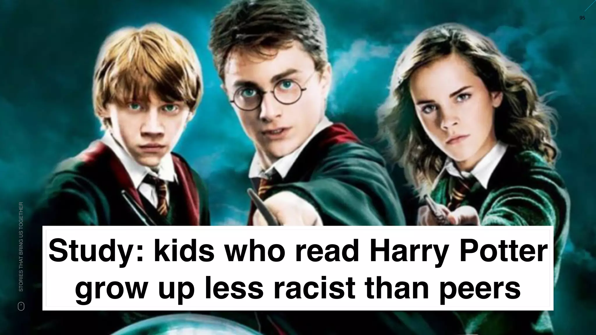www.snow.academy 95
STORIESTHATBRINGUSTOGETHER
Study: kids who read Harry Potter
grow up less racist than peers
 
