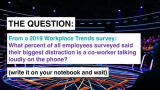 www.snow.academy 120
STORIESTHATBRINGUSTOGETHER
THE QUESTION:
From a 2019 Workplace Trends survey:
What percent of all employees surveyed said
their biggest distraction is a co-worker talking
loudly on the phone?
(write it on your notebook and wait)
 