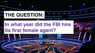www.snow.academy 18
STORIESTHATBRINGUSTOGETHER
THE QUESTION:
In what year did the FBI hire
its ﬁrst female agent?
 