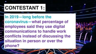 www.snow.academy 78
CONTESTANT 1:
In 2019—long before the
coronavirus—what percentage of
employees said they use digital
communications to handle work
conﬂicts instead of discussing the
situation in person or over the
phone?
 