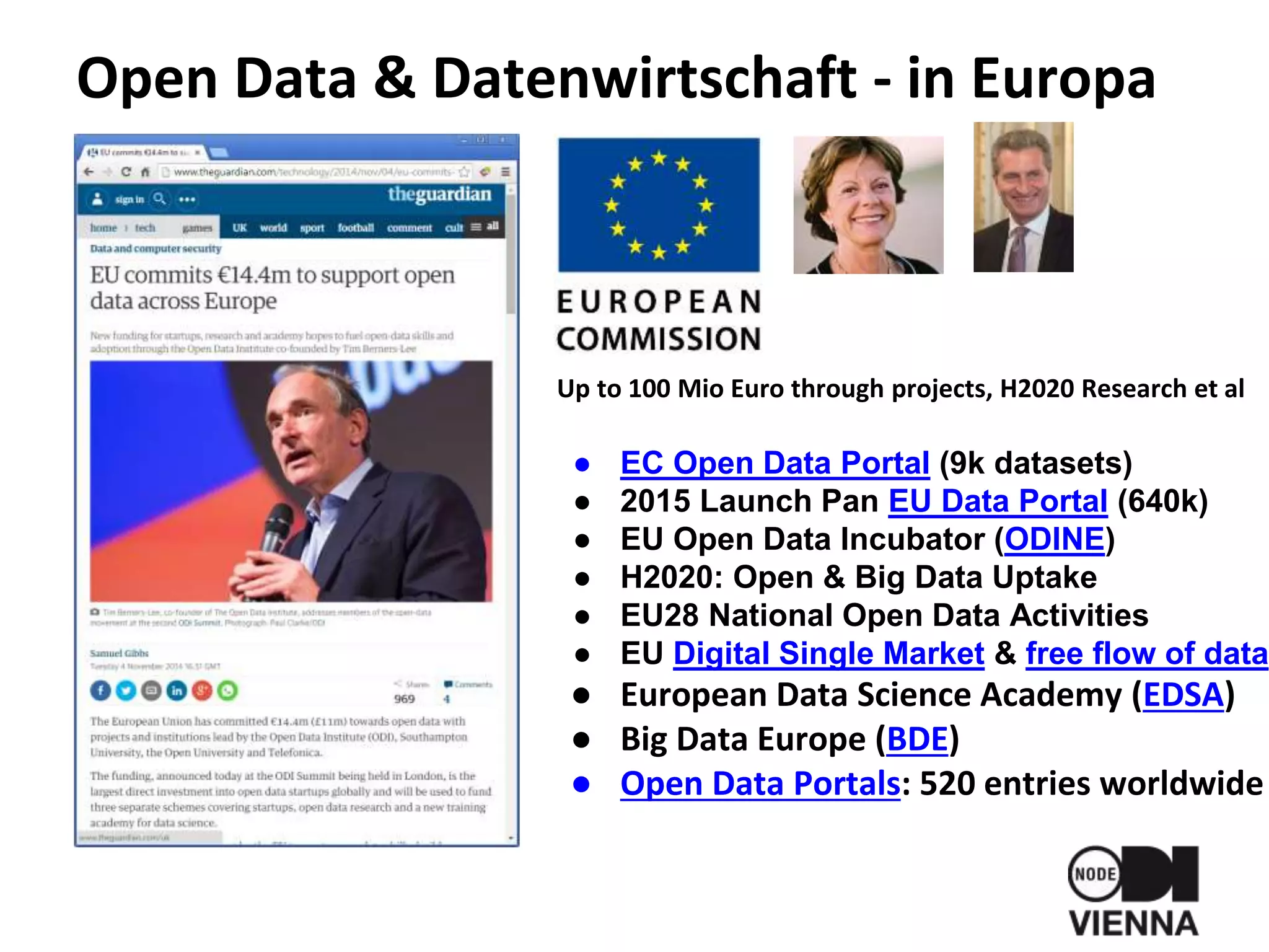 Open Data & Datenwirtschaft - in Europa
Up to 100 Mio Euro through projects, H2020 Research et al
● EC Open Data Portal (9k datasets)
● 2015 Launch Pan EU Data Portal (640k)
● EU Open Data Incubator (ODINE)
● H2020: Open & Big Data Uptake
● EU28 National Open Data Activities
● EU Digital Single Market & free flow of data
● European Data Science Academy (EDSA)
● Big Data Europe (BDE)
● Open Data Portals: 520 entries worldwide
 