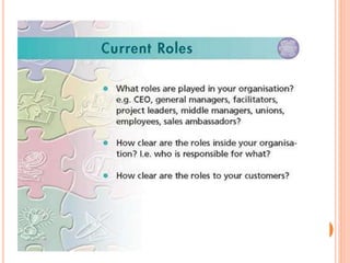 Step 2. Analyse the organization of today
 2.1 Instructions:
was given the chart "The Organization Of Today" plus the 20 clue
cards about the current organization. They were also given a set of
water soluble pens. They were asked to write on their chart how
they saw the organization as it existed today. They could use the
clue cards to help them. The groups were told that they didn't
need to achieve a consensus.
 2.2 Activity:
Each group spent about an hour recording their answers. Then
each group simply read what the other groups had written on their
charts.
 2.3 What came out:
The three groups were surprised that their charts looked similar.
What came out clearly was a lack of alignment in the organization.
The different divisions and projects were seen to be pulling in
different directions.
 