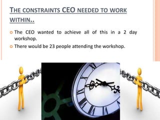 THE CONSTRAINTS CEO NEEDED TO WORK
WITHIN..
 The CEO wanted to achieve all of this in a 2 day
workshop.
 There would be 23 people attending the workshop.
 