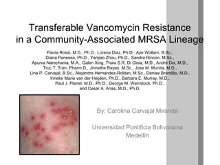 Transferable Vancomycin Resistance
in a Community-Associated MRSA Lineage
Flávia Rossi, M.D., Ph.D., Lorena Diaz, Ph.D., Aye Wollam, B.Sc.,
Diana Panesso, Ph.D., Yanjiao Zhou, Ph.D., Sandra Rincon, M.Sc.,
Apurva Narechania, M.A., Galen Xing, Thais S.R. Di Gioia, M.D., André Doi, M.D.,
Truc T. Tran, Pharm.D., Jinnethe Reyes, M.Sc., Jose M. Munita, M.D.,
Lina P. Carvajal, B.Sc., Alejandra Hernandez-Roldan, M.Sc., Denise Brandão, M.D.,
Inneke Marie van der Heijden, Ph.D., Barbara E. Murray, M.D.,
Paul J. Planet, M.D., Ph.D., George M. Weinstock, Ph.D.,
and Cesar A. Arias, M.D., Ph.D.
By: Carolina Carvajal Miranda
Universidad Pontificia Bolivariana
Medellín
 