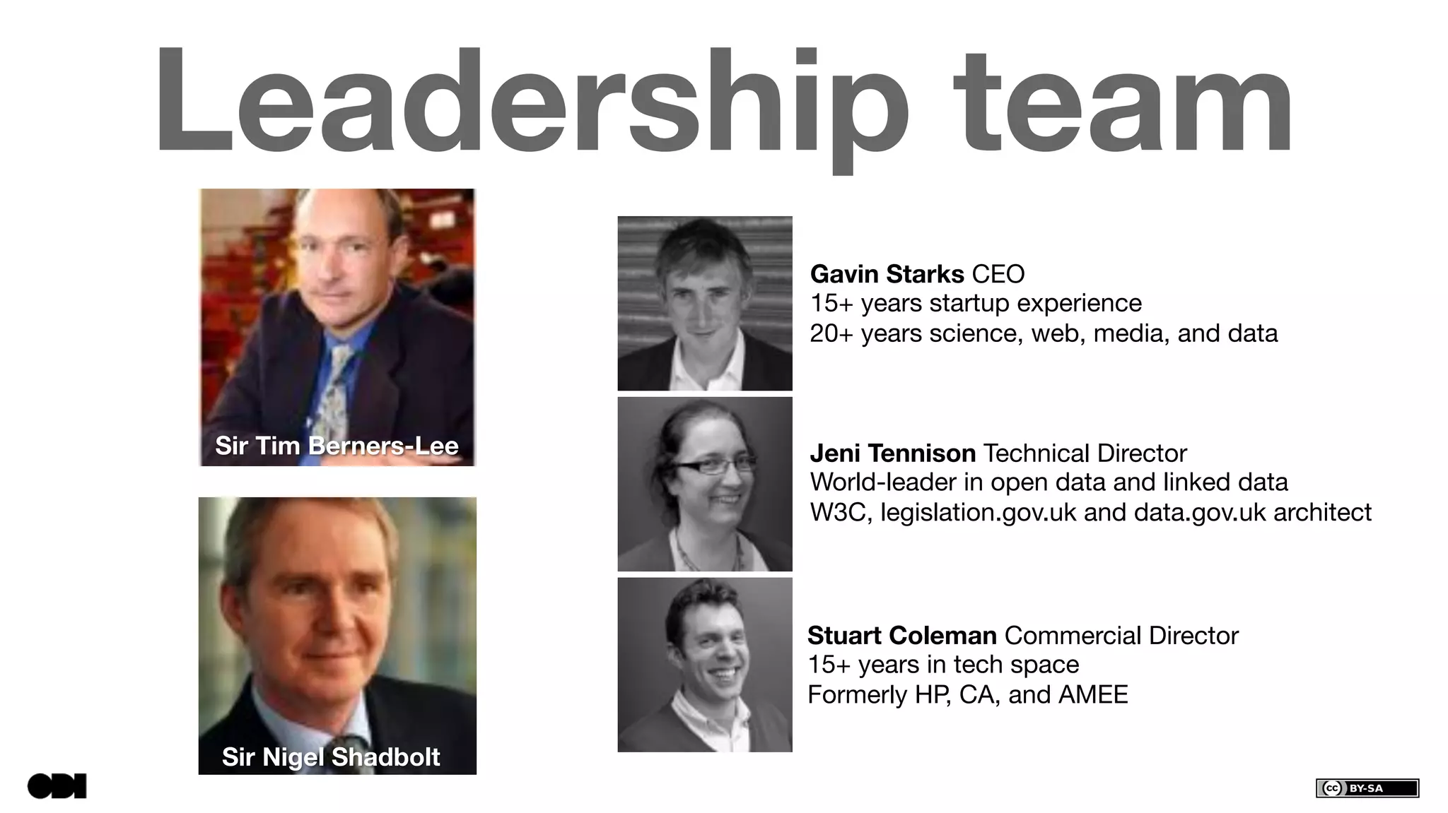Sir Tim Berners-Lee
Sir Nigel Shadbolt
Gavin Starks CEO
15+ years startup experience
20+ years science, web, media, and data
Jeni Tennison Technical Director
World-leader in open data and linked data
W3C, legislation.gov.uk and data.gov.uk architect
Stuart Coleman Commercial Director
15+ years in tech space
Formerly HP, CA, and AMEE
Leadership team
 